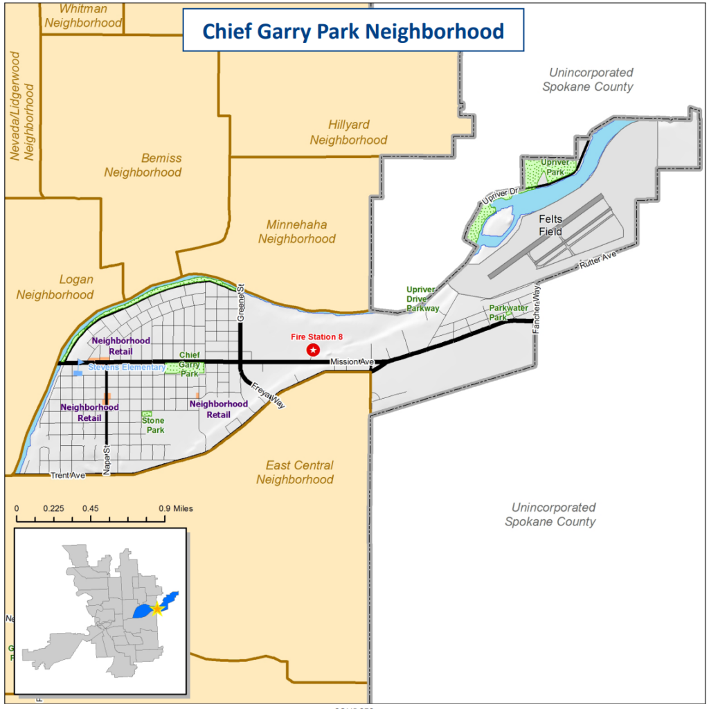 Map of Chief Garry Park neighborhood. Highlights roadways, parks, fire station, neighborhood retail, etc. 