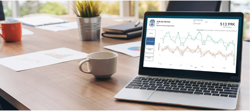 Photo of desk with laptop on it showing a chart with police calls for service. 