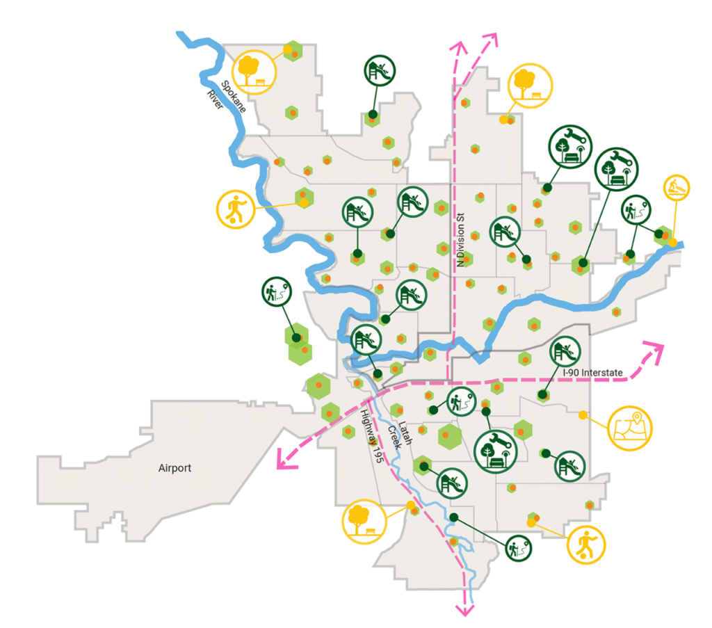 Map of Spokane with icons signifying where parks projects will be implemented for the Spokane Parks Levy. 